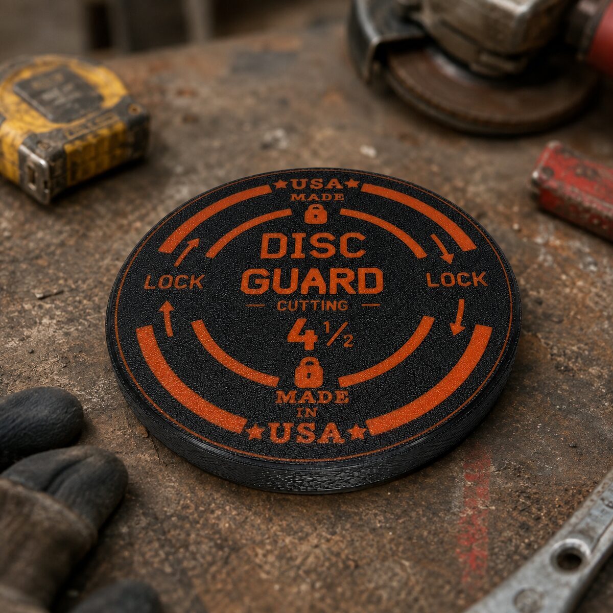 DISC GUARD case with orange twist-lock lid on a workbench