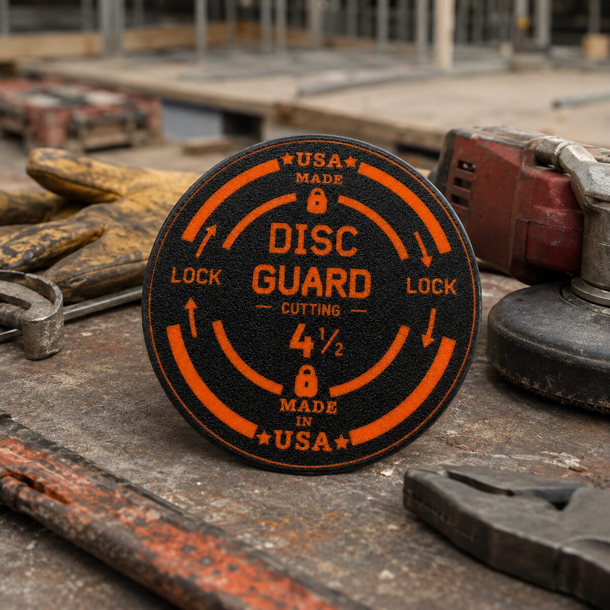DISC GUARD case with orange twist-lock lid on a workbench