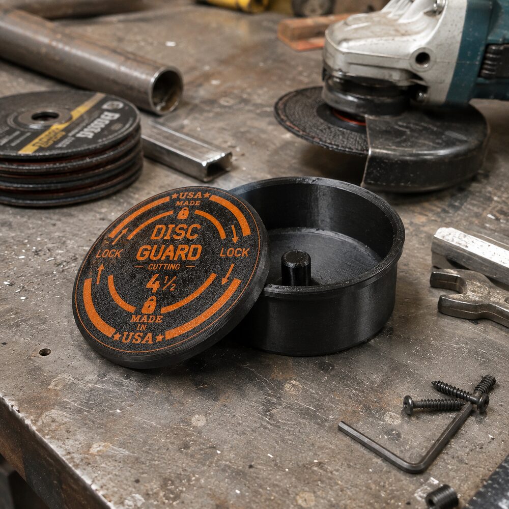 DISC GUARD case open on a workbench next to an angle grinder and a stack of cutting discs