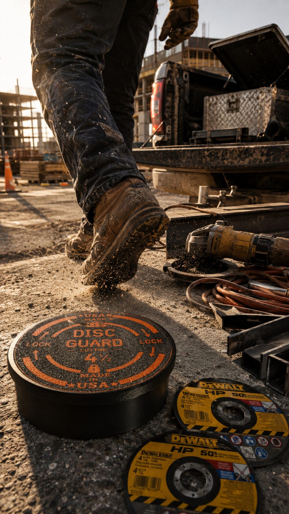 DISC GUARD case standing on edge in a workshop